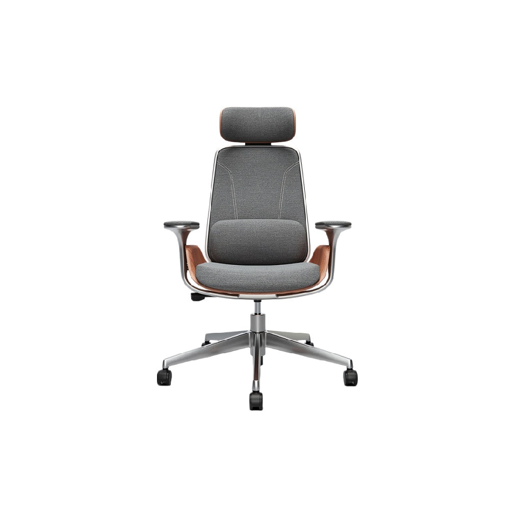 Ergonomische bureaustoel met houten accenten en verstelbare hoofdsteun